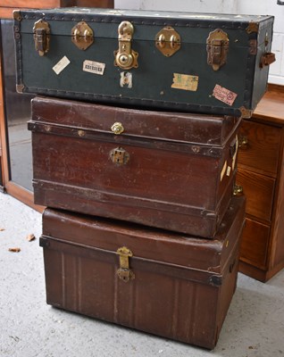 Lot 461 - Three vintage travelling trunks to include a...