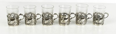 Lot 377 - A set of six etched tot glasses, with silver...