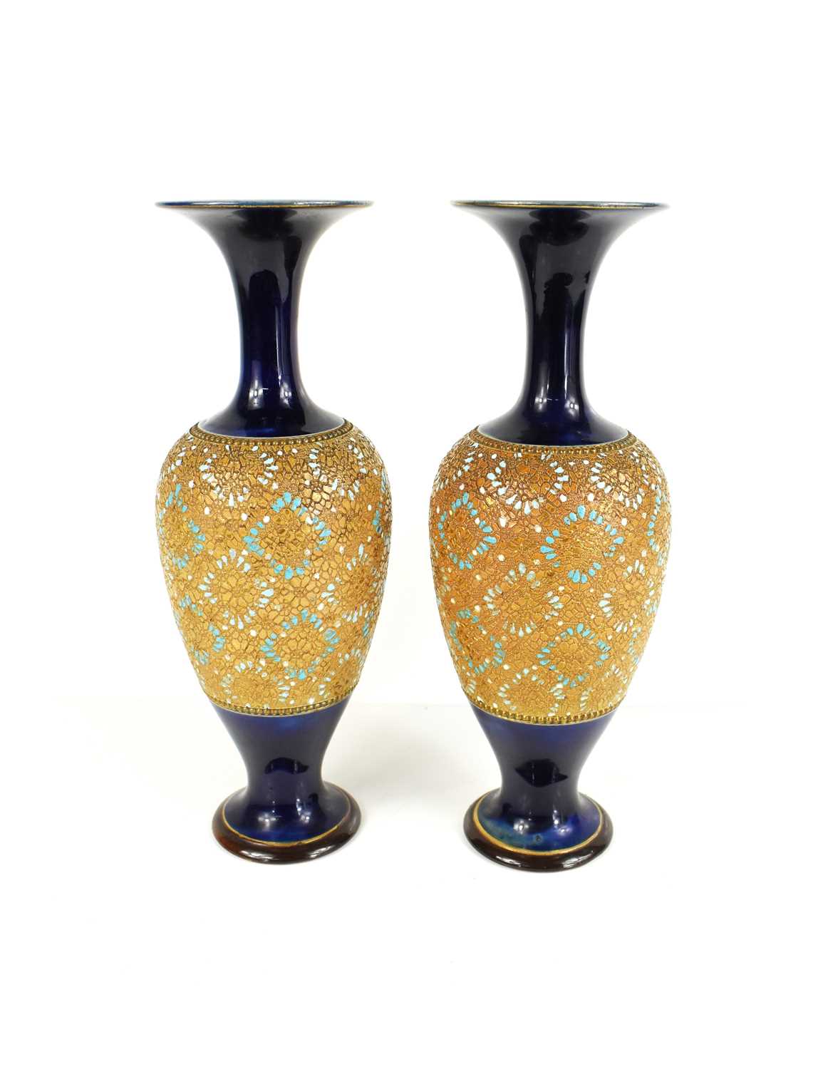 Lot 16 - A pair of Doulton Lambeth vases of slim...