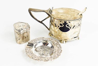 Lot 313 - A silver Art Nouveau mustard pot with blue...