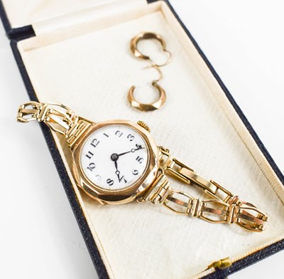 Lot 112 - A 9ct gold 1930s wristwatch with 12ct rolled...