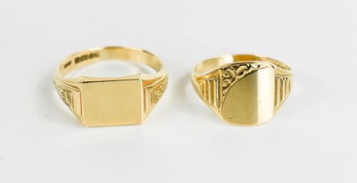 Lot 132 - Two 9ct gold signet rings, size R and W, 9.4g...