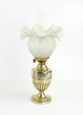 Lot 394 - A charming silver and glass oil lamp, stamped...