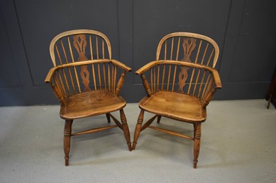 Lot 474 - A pair of elm windsor armchairs with hoop back,...