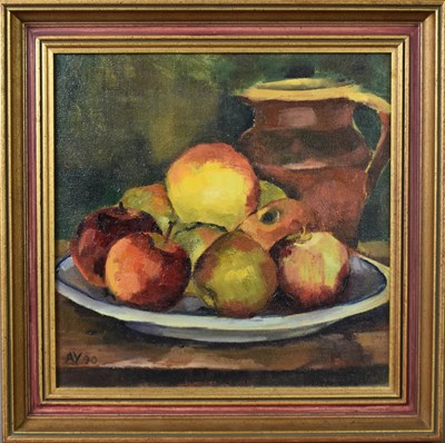 Lot 440 - Avril Young (20th century): Apples, oil on...