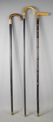 Lot 223 - Three antique ebonised walking canes, each...