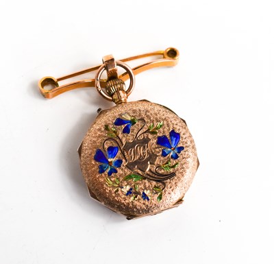 Lot 380 - A 9ct gold fob watch, the back enamelled with...