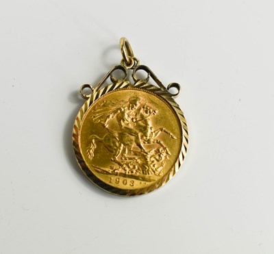 Lot 351 - A 1903 gold sovereign, in 9ct gold pendant...