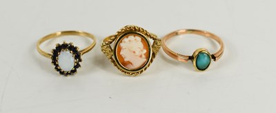 Lot 63 - Three 9ct gold rings, one set with a cameo...