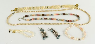 Lot 172 - A group of pearl jewellery to include a three...