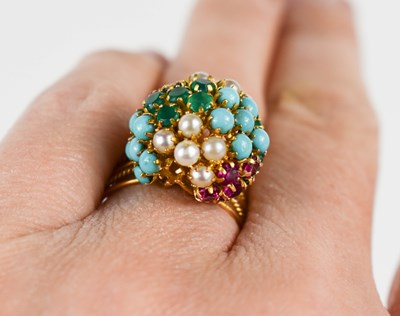 Lot 89 - A 14ct gold, turquoise, seed pearl, pink...