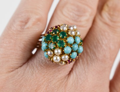 Lot 89 - A 14ct gold, turquoise, seed pearl, pink...