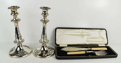 Lot 428 - A pair of silver plated candlesticks, together...