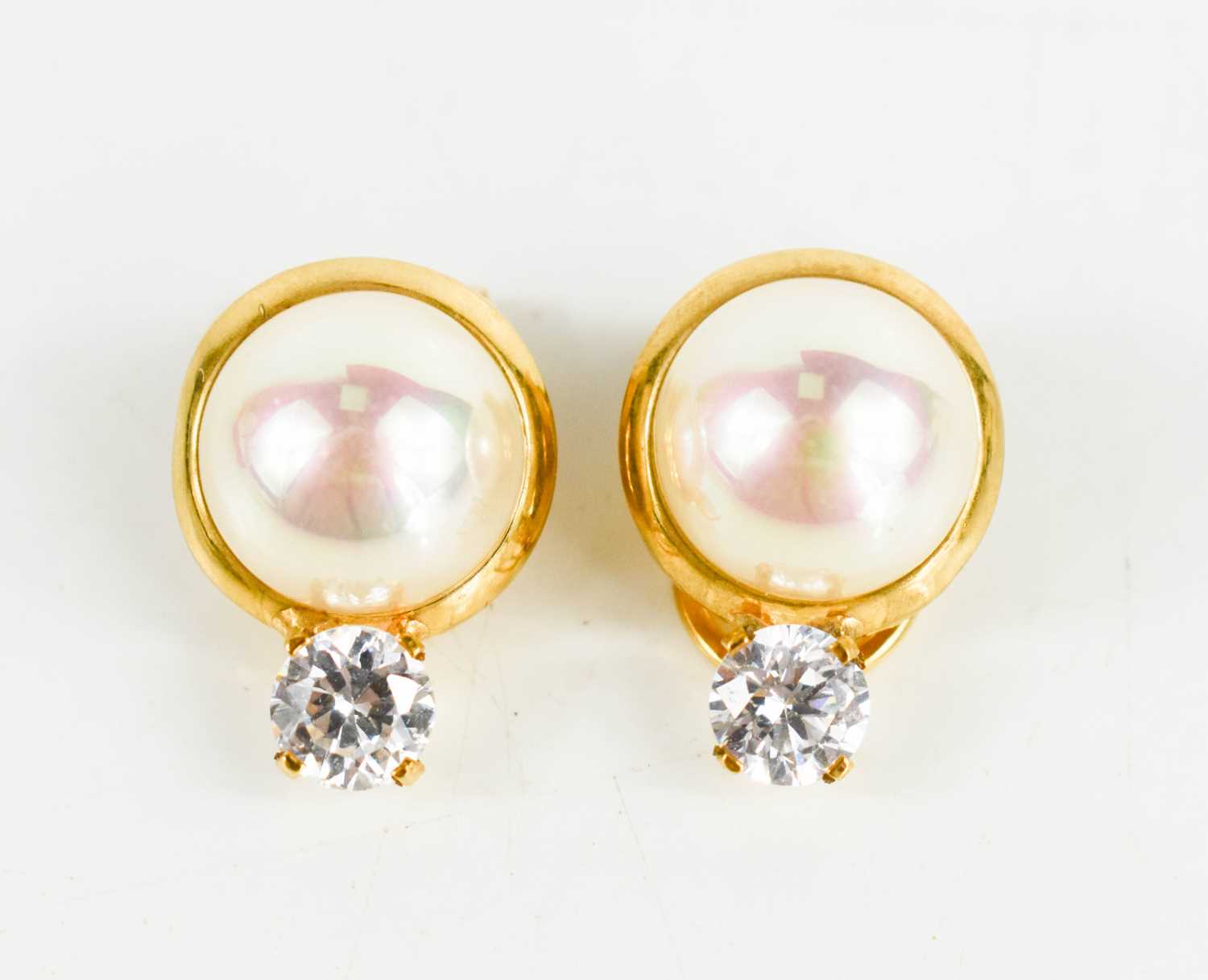 Lot 30 - A pair of 18ct gold, simulated pearl and cubic...