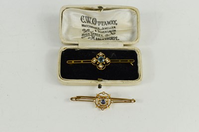 Lot 59 - A 15ct gold pale sapphire and seed pearl bar...