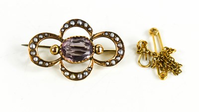 Lot 196 - A vintage 9ct gold, seed pearl and amethyst...