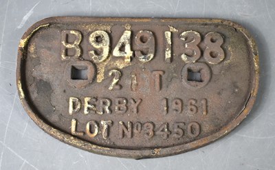 Lot 7 - A vintage cast iron railway wagon plate, Derby...