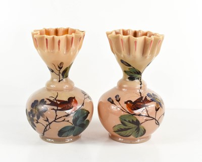Lot 94 - A pair of caramel milk glass vases, hand...