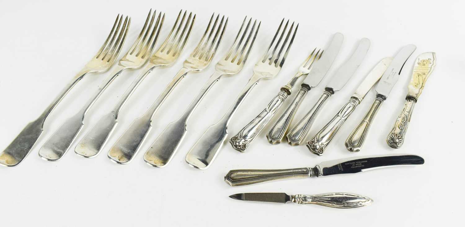 Lot 43 - A group of six William IV silver forks, fiddle...