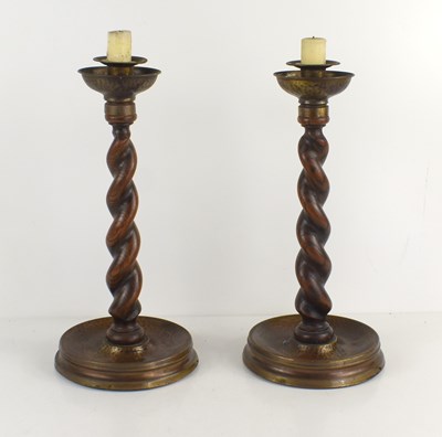 Lot 391 - A pair of Arts and Crafts oak and pewter...