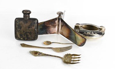 Lot 240 - A silver hip flask, silver fork, a niello work...