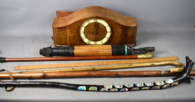 Lot 399 - A Mid-century oak cased mantle clock together...