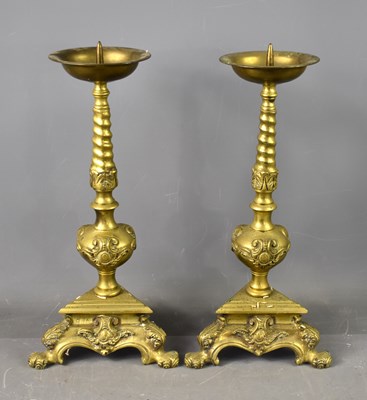 Lot 366 - A pair of brass pricket candlesticks with...