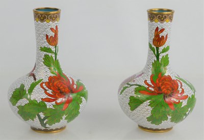 Lot 160 - A pair of Chinese white ground cloisonne vases...