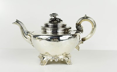 Lot 444 - A William IV silver teapot of squat form, with...