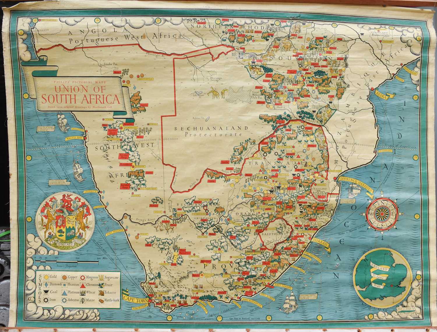 Lot 434 - A vintage linen wall map of South Africa,...