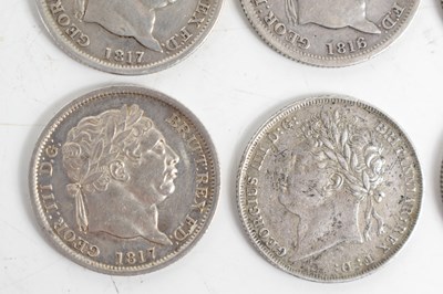 Lot 73 - Six George III and George IV silver shillings...