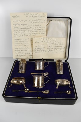 Lot 420 - A silver cruet set, comprising salts, pepper...