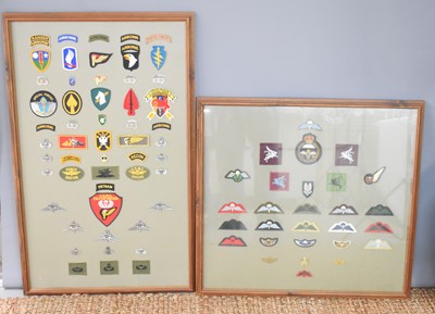 Lot 56 - Two framed panels of military cloth patches...
