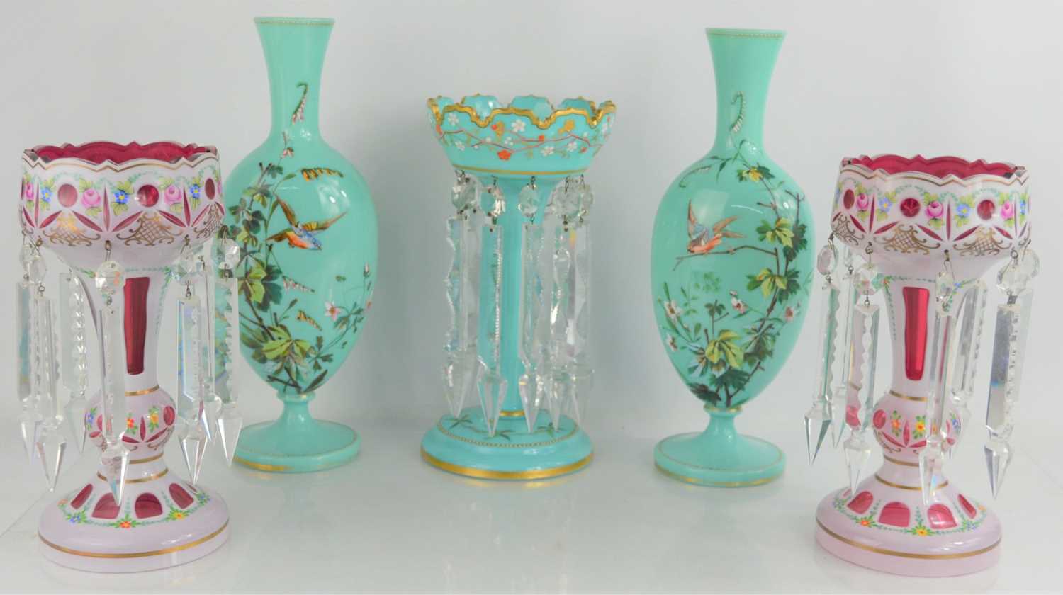 Lot 118 - A pair of Victorian pink mantle lustre vases...