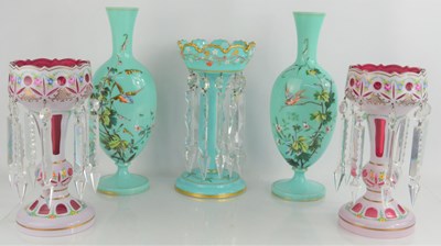 Lot 118 - A pair of Victorian pink mantle lustre vases...