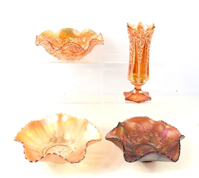 Lot 230 - A marigold carnival glass pedestal vase, of...