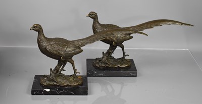 Lot 214 - A pair of Art Deco bronze pheasants on marble...