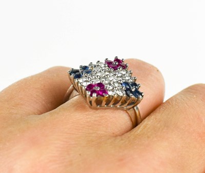 Lot 8 - An 18ct white gold diamond, sapphire and ruby...
