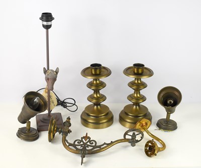 Lot 495 - Two brass style candle holders together with a...