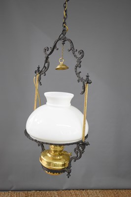 Lot 121 - A pair of oil lamp style ceiling lights with...