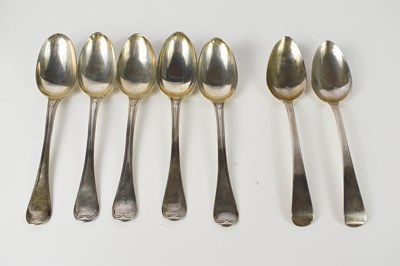 Lot 289 - A set of five Georgian serving spoons, London...