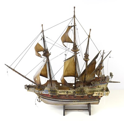 Lot 327 - A large wooden model sailing ship on stand,...