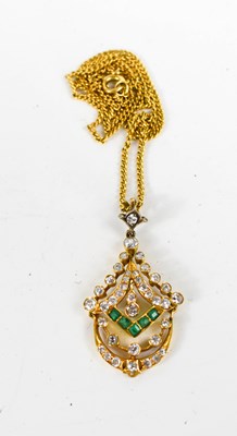 Lot 202 - A gold, diamond and emerald set pendant...