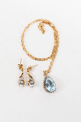 Lot 129 - A pair of 9ct gold aquamarine and diamond drop...