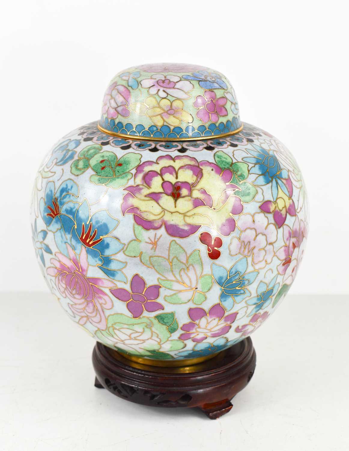 Lot 9 - A Cloisonne ginger jar and stand, with floral...