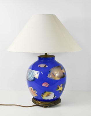 Lot 508 - A blue glass lamp base depicting tropical fish,...