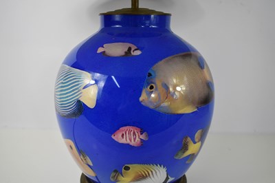 Lot 508 - A blue glass lamp base depicting tropical fish,...