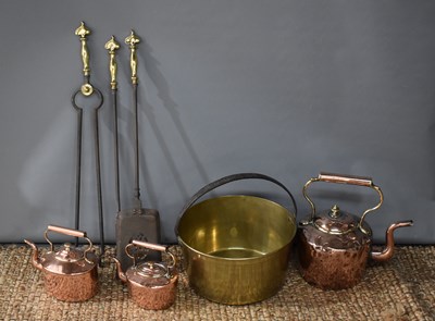 Lot 143 - A 19th century brass jam pan together with...