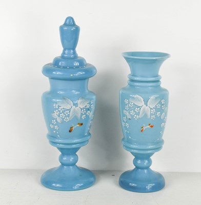 Lot 400 - A pair of Bohemian blue glass opaque vases,...