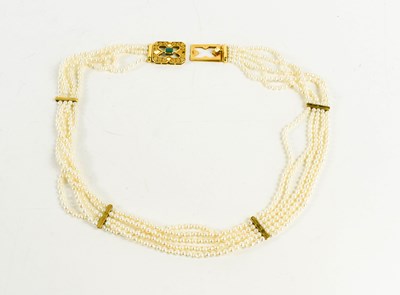 Lot 21 - A five strand seed pearl choker with 18ct gold...